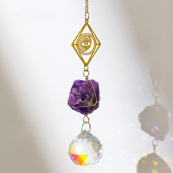 amethyst crystal dreamcatcher wind chime pendant with sun and moon