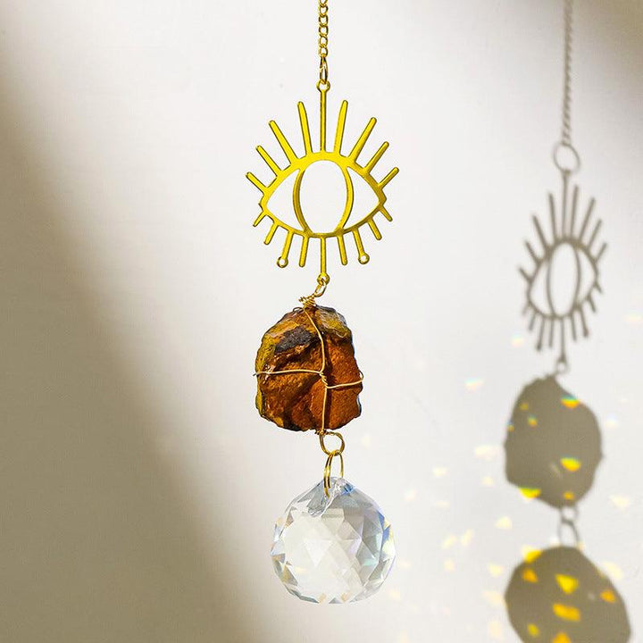 tiger's eye crystal dreamcatcher wind chime pendant with sun and moon