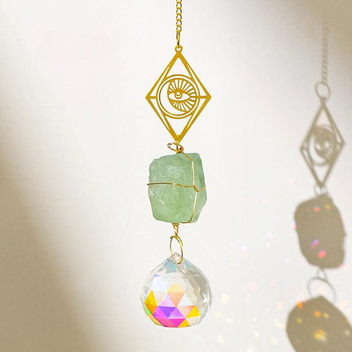 Green Fluorite crystal dreamcatcher wind chime pendant with sun and moon