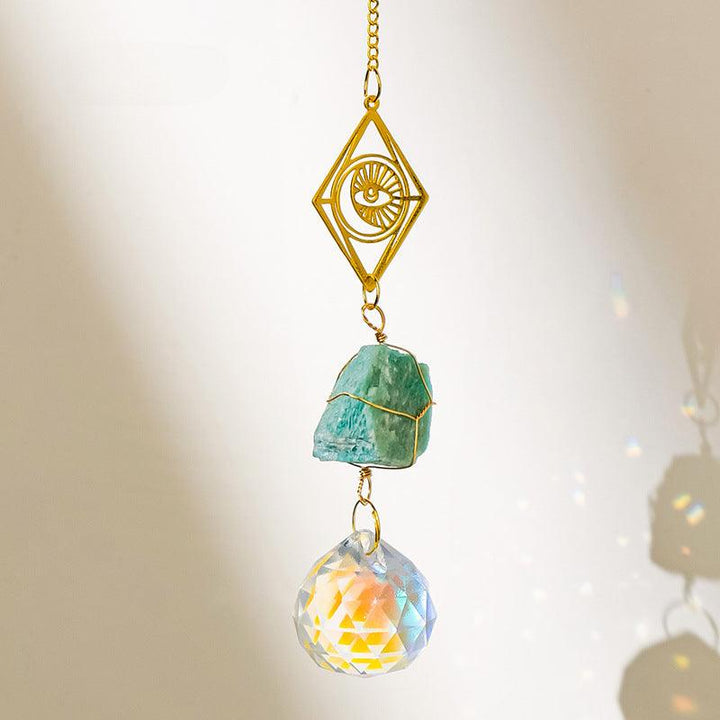 Amazonite crystal dreamcatcher wind chime pendant with sun and moon