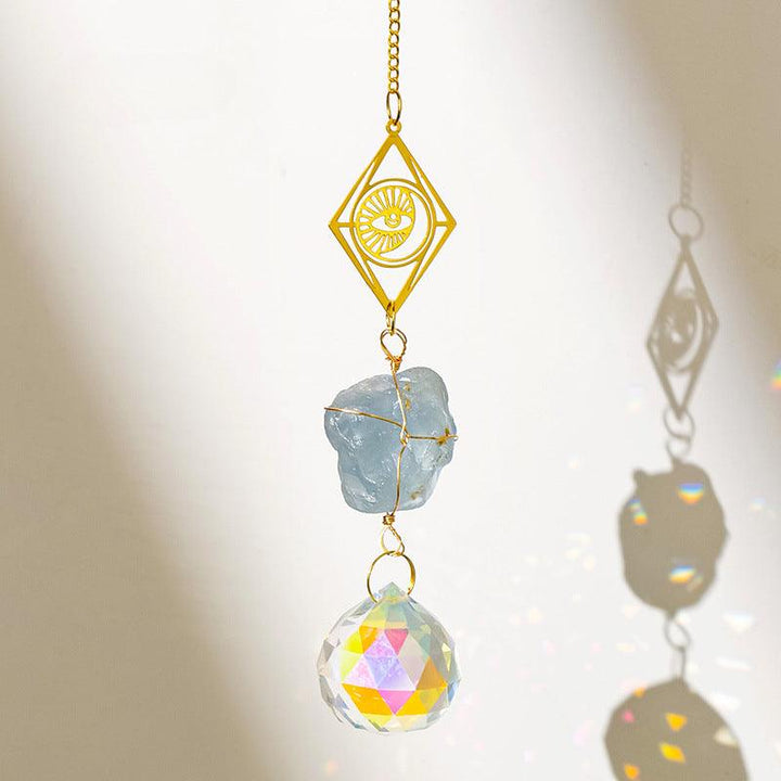 Celestite crystal dreamcatcher wind chime pendant with sun and moon