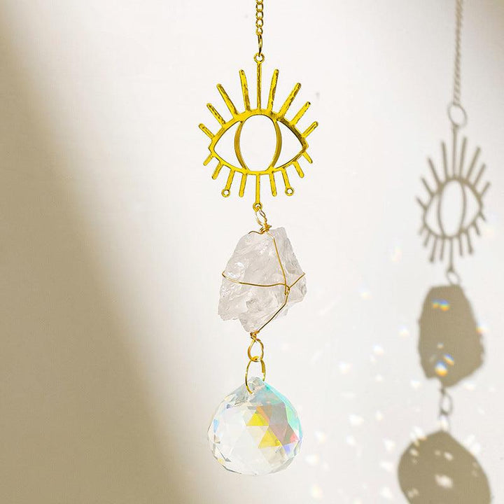Clear Quartz crystal dreamcatcher wind chime pendant with evil eye