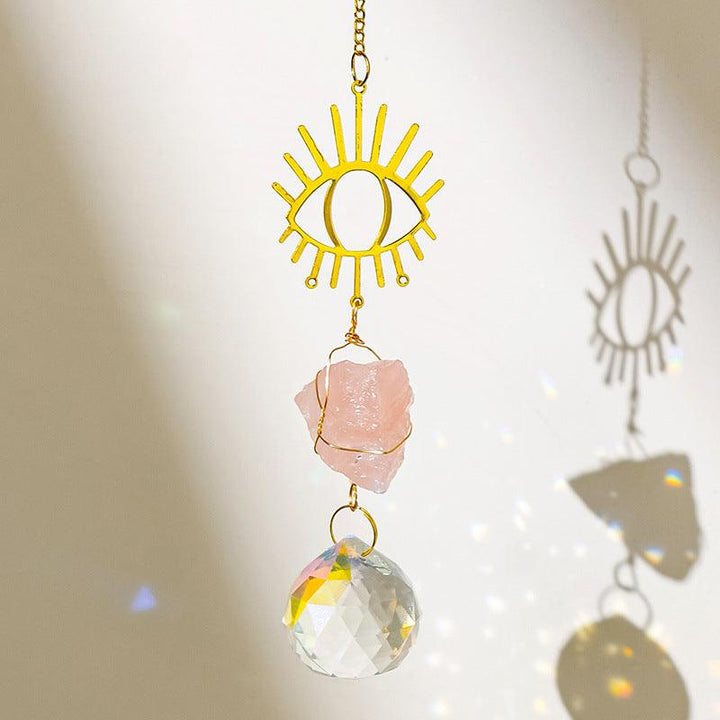 rose quartz crystal dreamcatcher wind chime pendant with evil eye