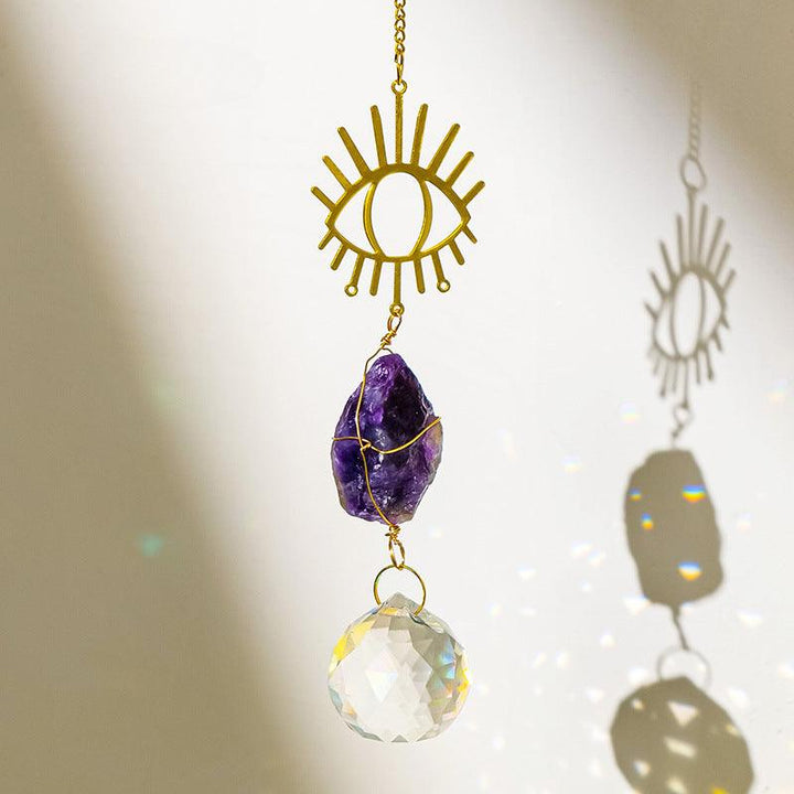 amethyst crystal dreamcatcher wind chime pendant with evil eye
