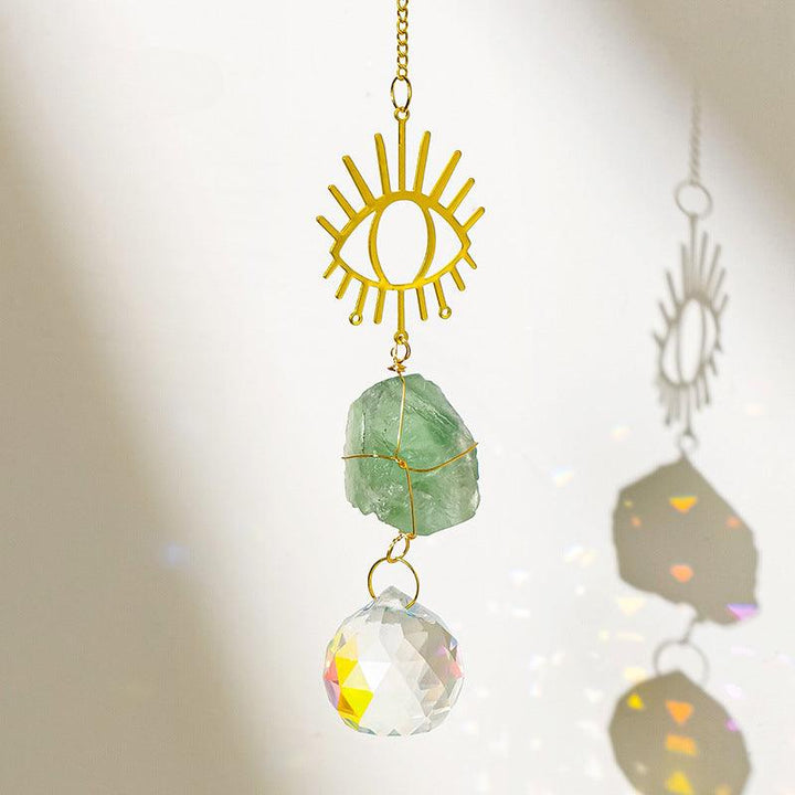 Green Fluorite crystal dreamcatcher wind chime pendant with evil eye