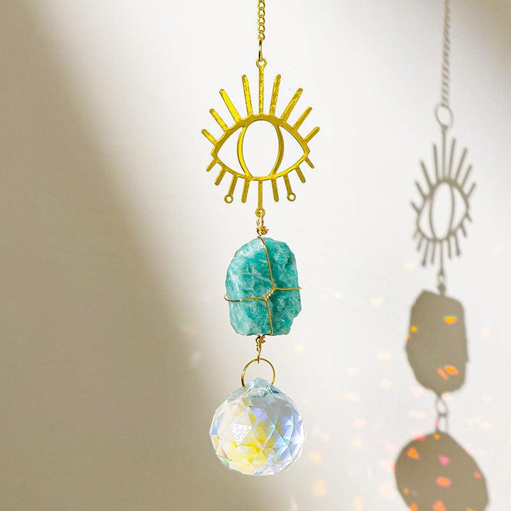 Amazonite crystal dreamcatcher wind chime pendant with evil eye