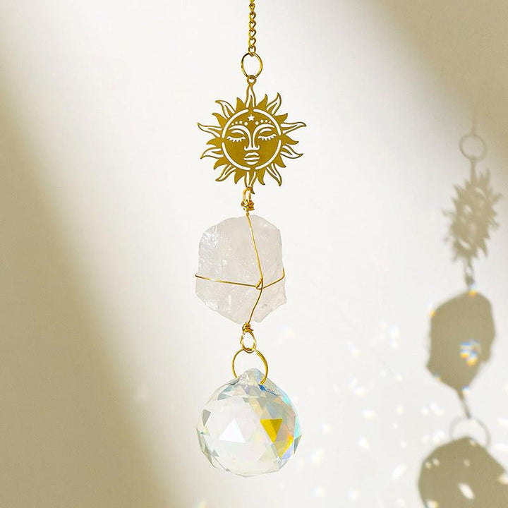 Clear Quartz crystal dreamcatcher wind chime pendant with sunflower