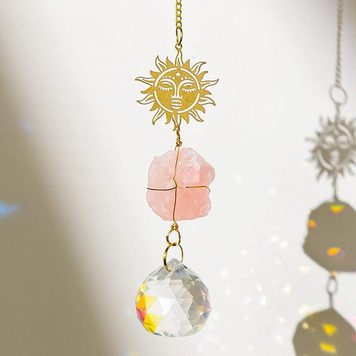 rose quartz crystal dreamcatcher wind chime pendant with sunflower