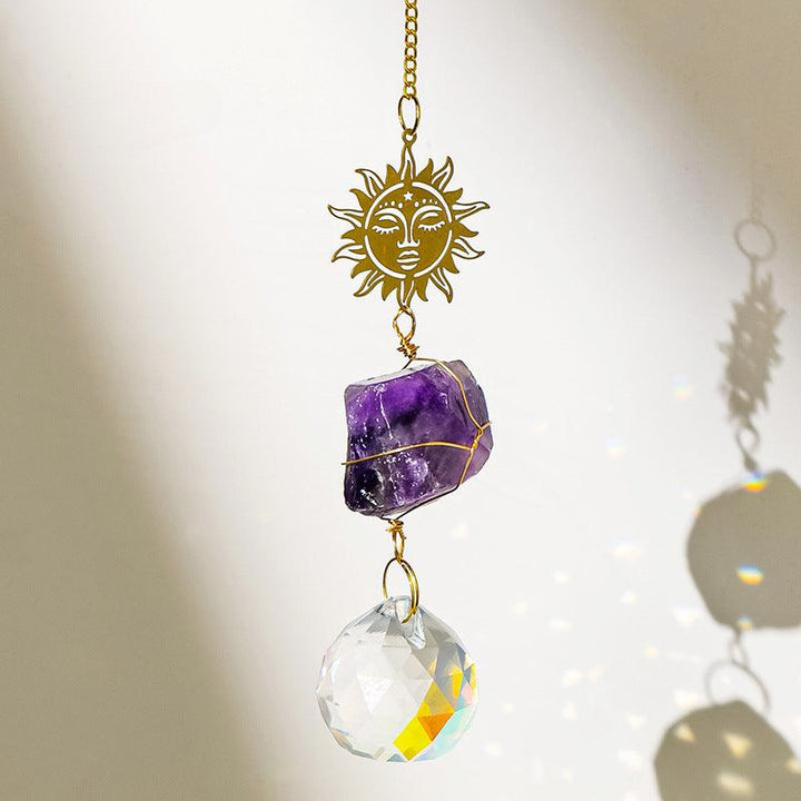 amethyst crystal dreamcatcher wind chime pendant with sunflower
