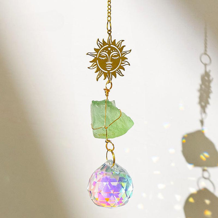 Green Fluorite crystal dreamcatcher wind chime pendant with sunflower