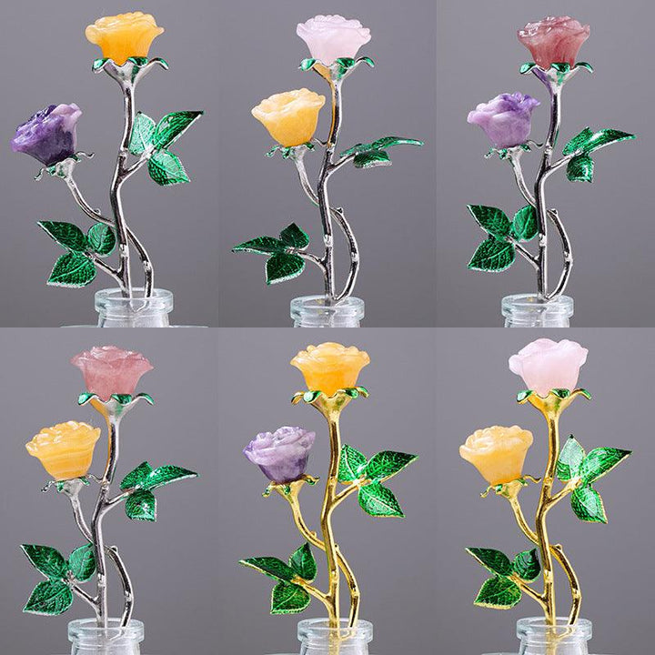 natural crystal rose home decor ornaments with green leaves