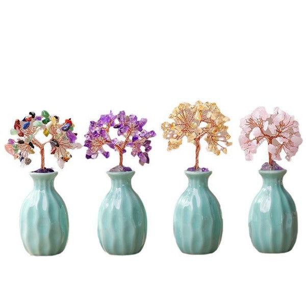 natural crystal stone guanyin vase bonsai tree
