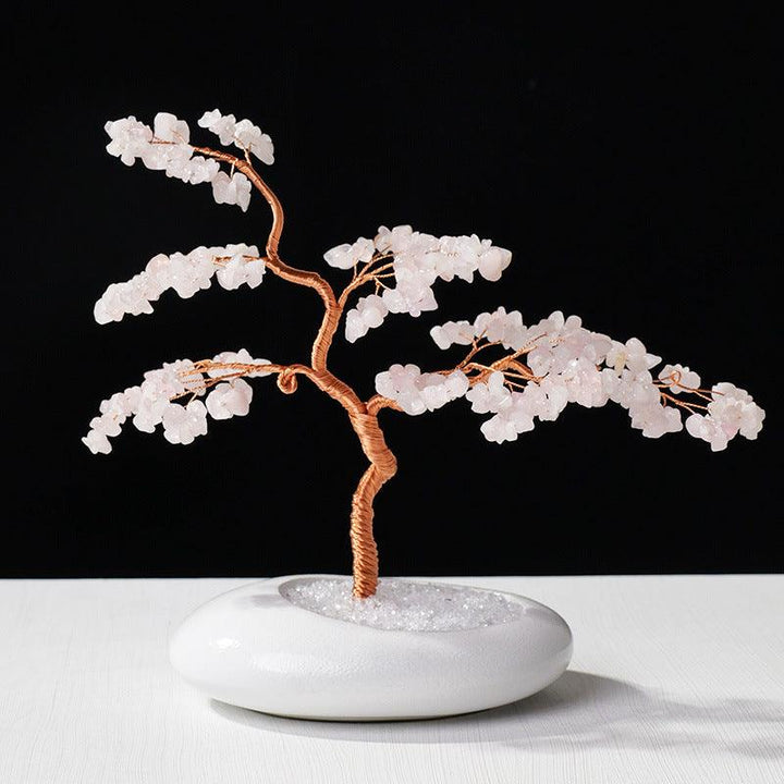rose quartz crystal wealth tree with welcome pine bonsai