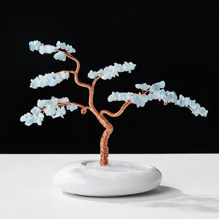 aquamarine crystal wealth tree with welcome pine bonsai