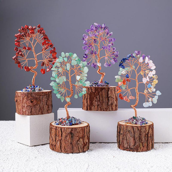 four natural gemstone stump base crystal bonsai tree