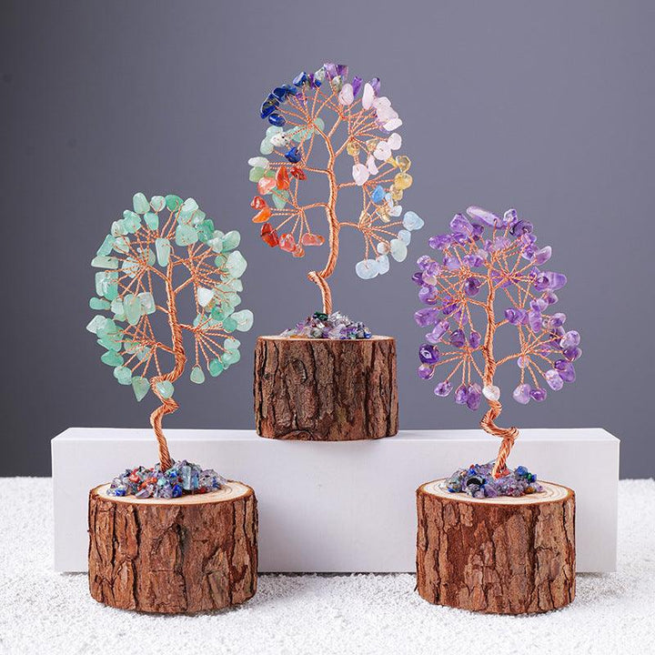 three natural gemstone stump base crystal bonsai tree