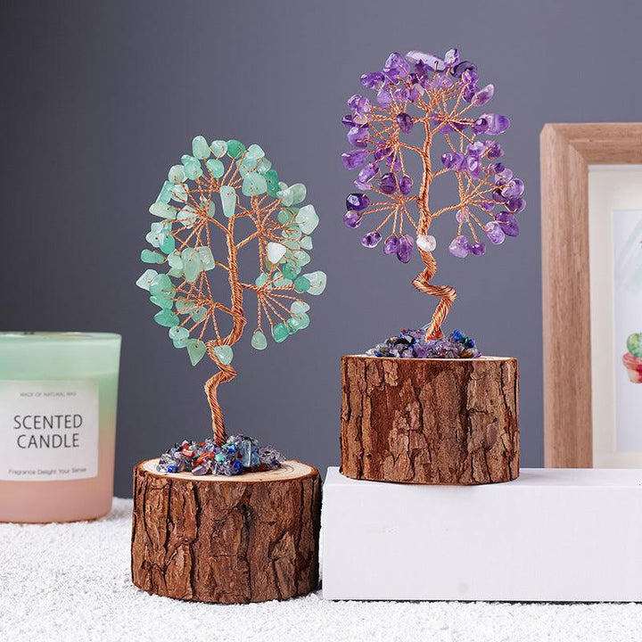 two natural gemstone stump base crystal bonsai tree