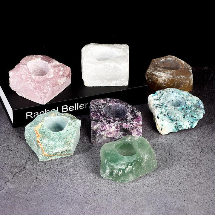 natural crystal raw stone candle holder on the table 