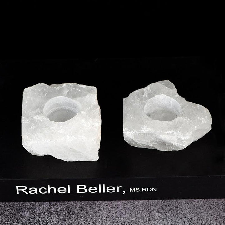 natural white crystal raw stone candle holder on the table