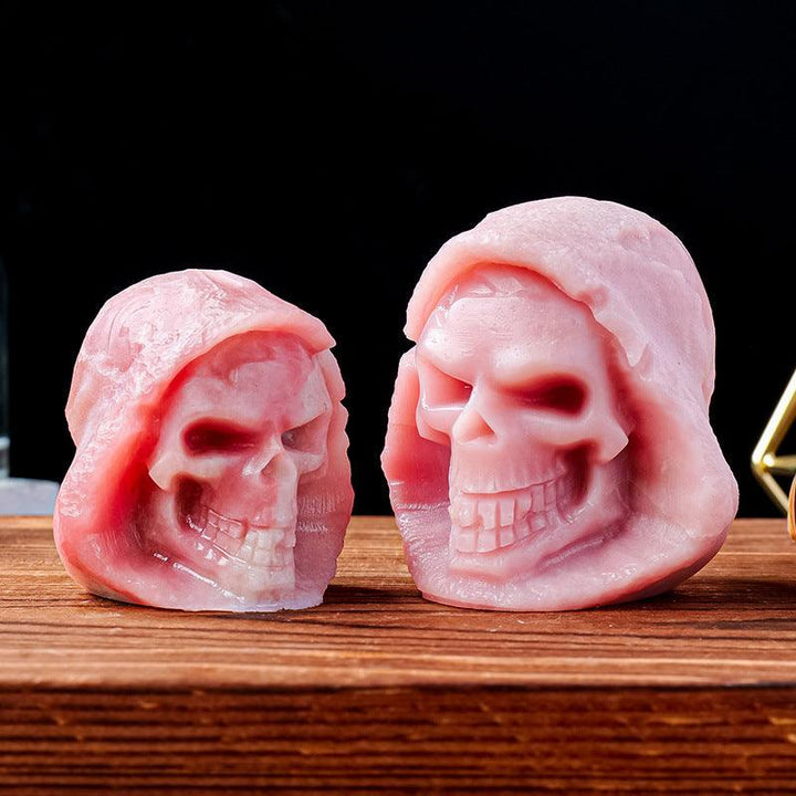 natural pink opal grim reaper skull carving ornament
