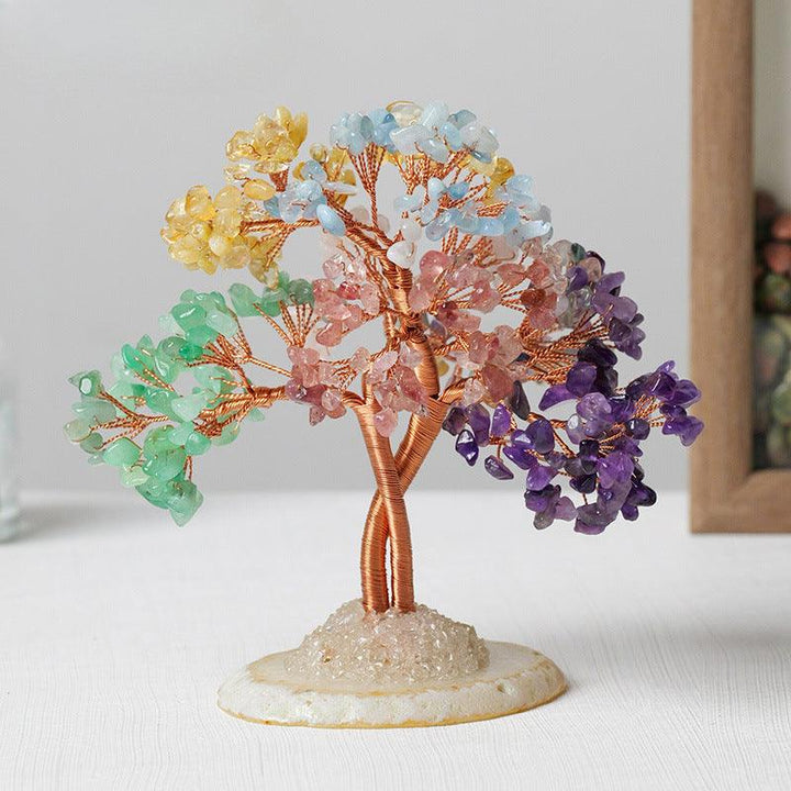 natural rainbow crystal stone wealth tree with agate base on the table