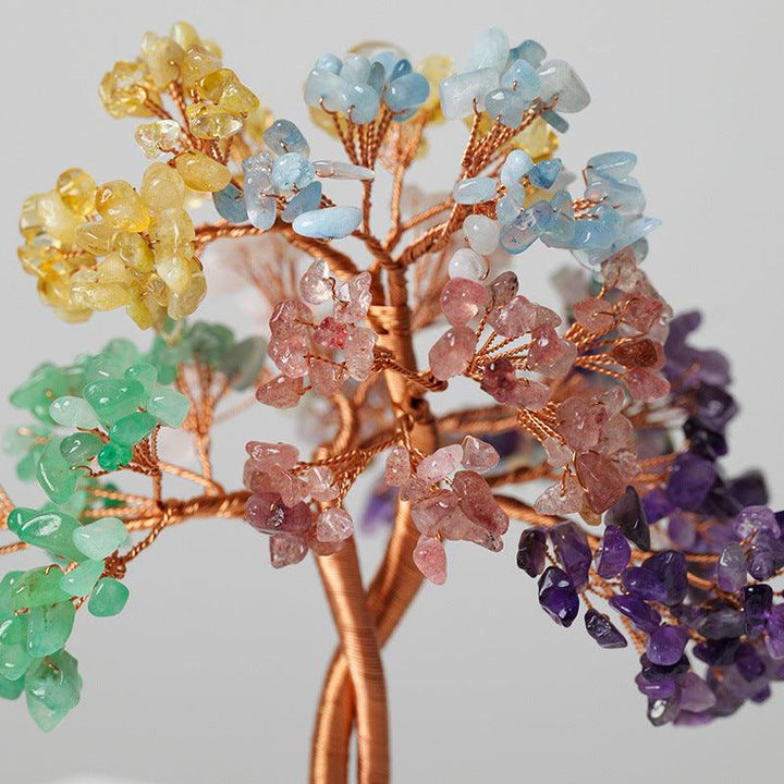 details of natural rainbow crystal stone wealth tree with agate base