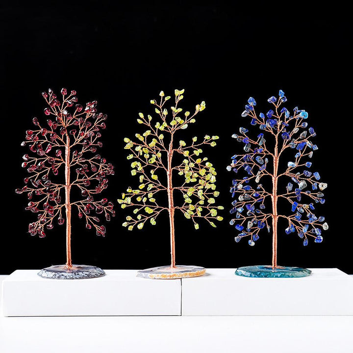 three natural tall crystal chip agate base wealth tree