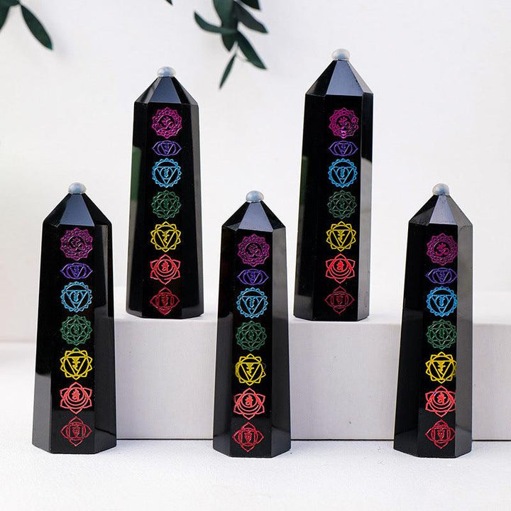 obsidian seven color chakra hexagonal energy crystal tower