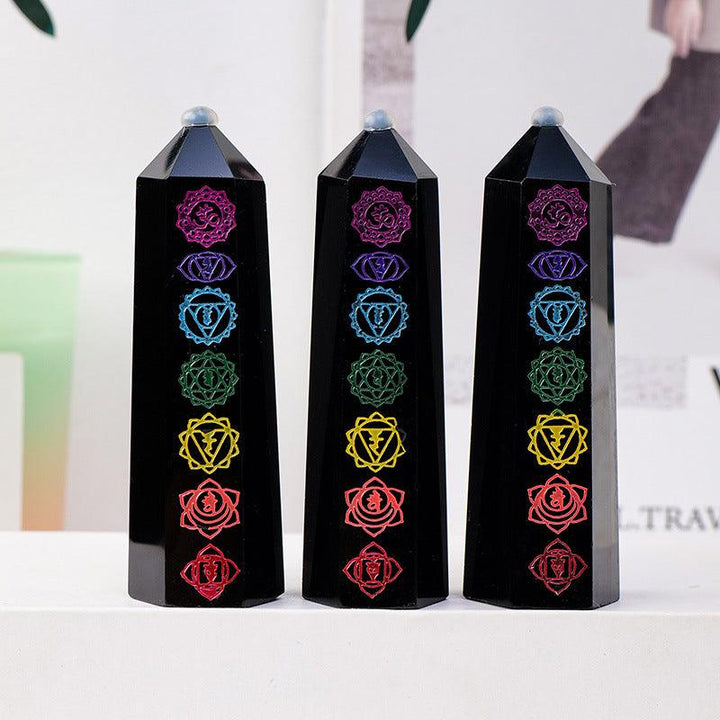 obsidian seven color chakra hexagonal energy crystal tower