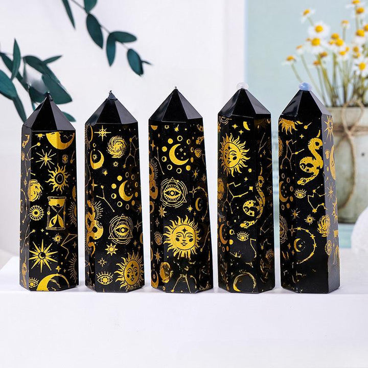 obsidian star moon sun hexagonal energy crystal tower gold
