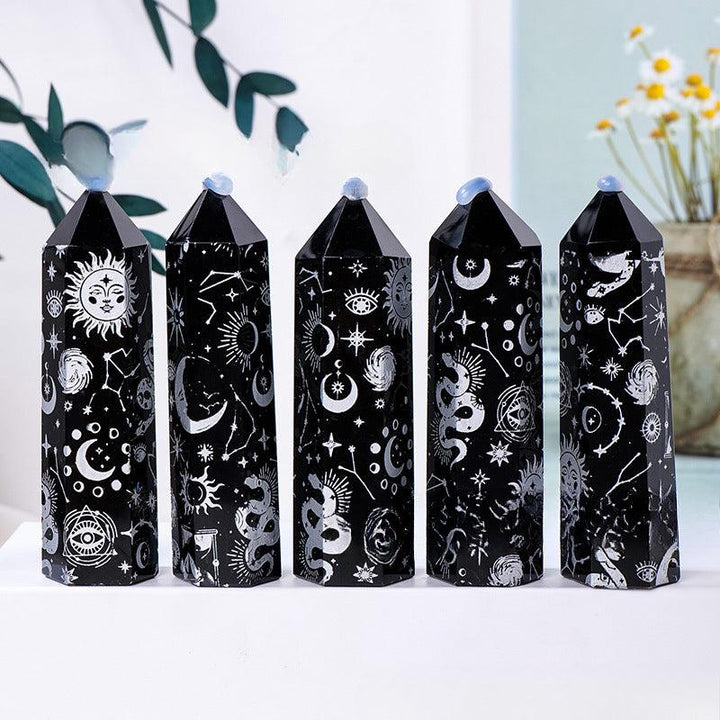obsidian star moon sun hexagonal energy crystal tower silver
