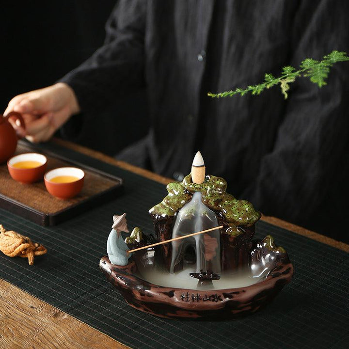 old man fishing water backflow incense burner holder on the table
