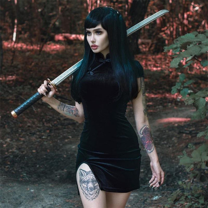 a woman wear a plus size cheongsam style gothic velvet dress