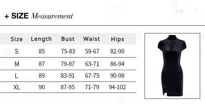 size chart of a plus size cheongsam style gothic velvet dress