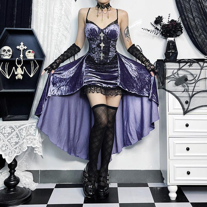 a woman wear a purple and black gothic velvet sexy long dress