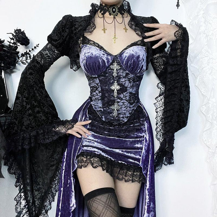 a woman wear a purple and black gothic velvet sexy long dress