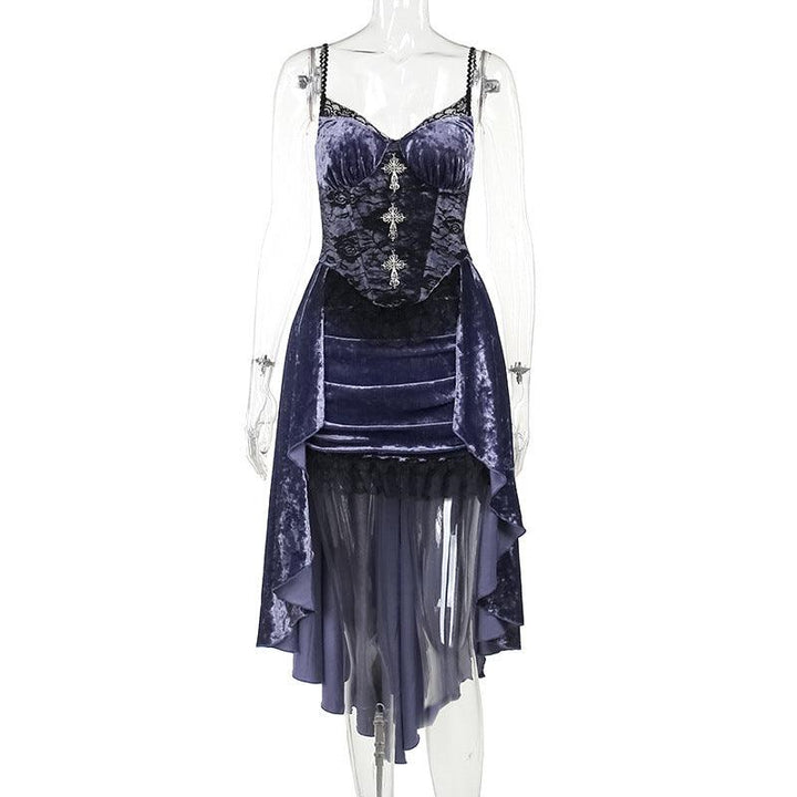 details of purple and black gothic velvet sexy long dress