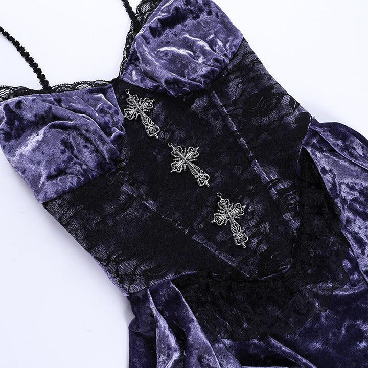 details of purple and black gothic velvet sexy long dress