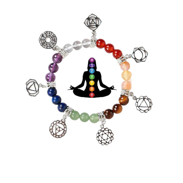 rainbow chakra crystal bracelet with silver plated pendant