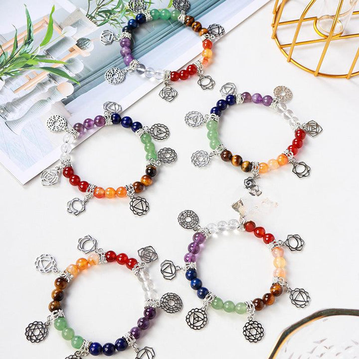 rainbow chakra crystal bracelet with silver plated pendant