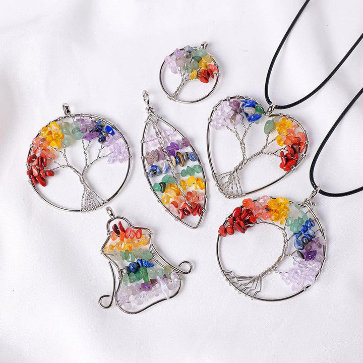 rainbow chakra crystal tree of life necklace pendant