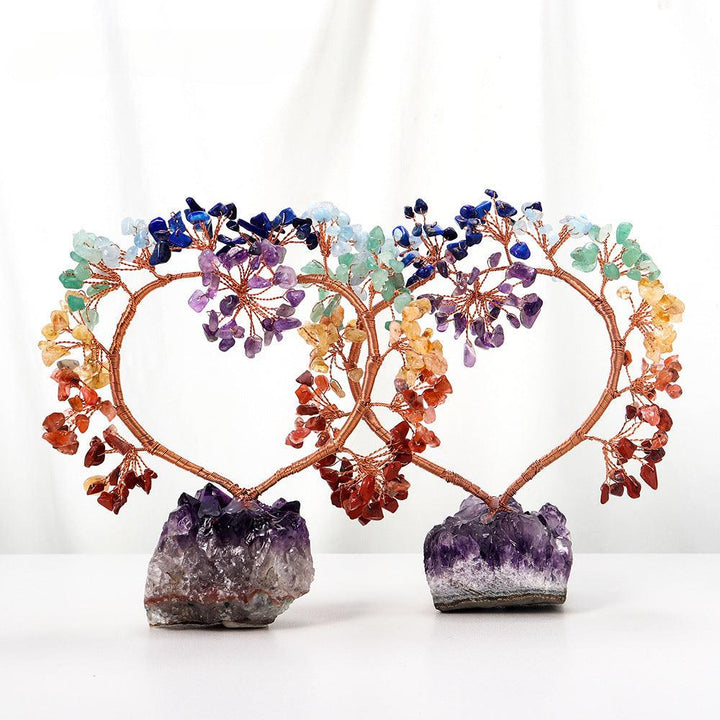 two rainbow crystal heart bonsai tree with amethyst cluster base