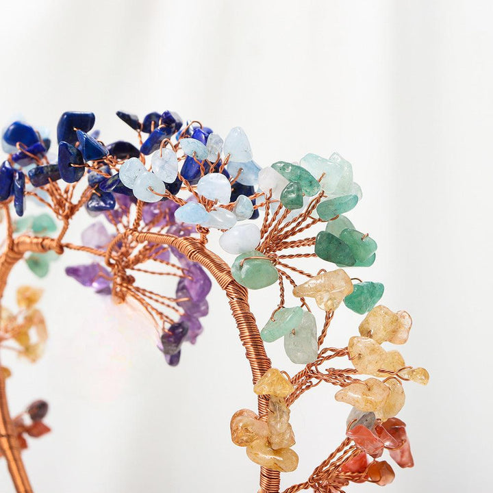 details of rainbow crystal heart bonsai tree with amethyst cluster base