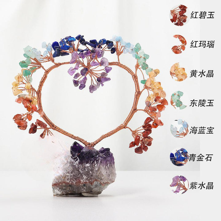 details of rainbow crystal heart bonsai tree with amethyst cluster base