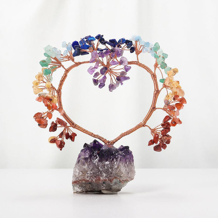 rainbow crystal heart bonsai tree with amethyst cluster base