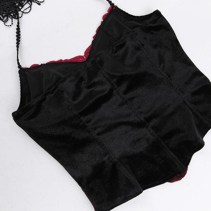 details of red and black gothic corset halter top