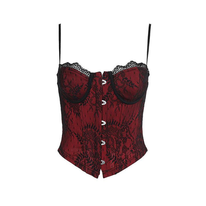 a red and black gothic lace sleeveless shirt