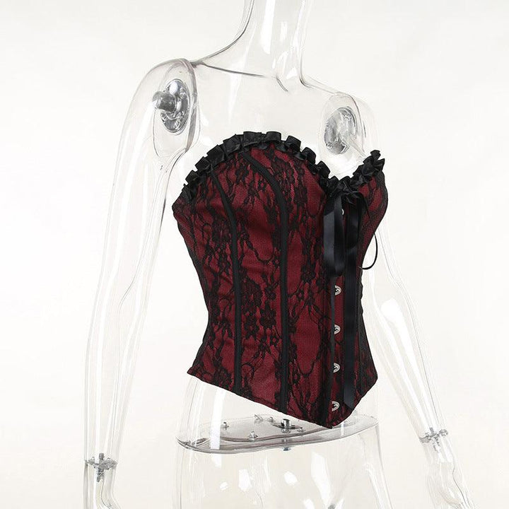 details of red and black gothic lace tie up top