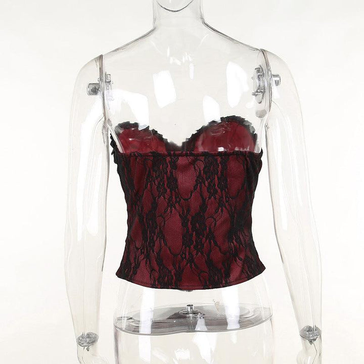 details of red and black gothic lace tie up top