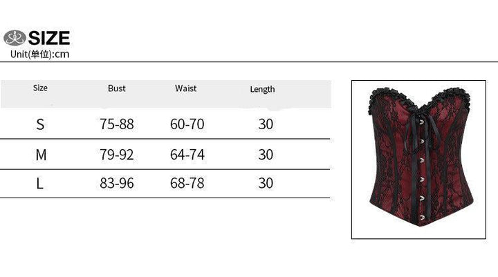 size chart of red and black gothic lace tie up top